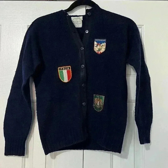 Tweed And Tartan Sweaters - Rare VTG Shetland Wool Cardigan World Patches Navy Size Small Tweed & Tartan